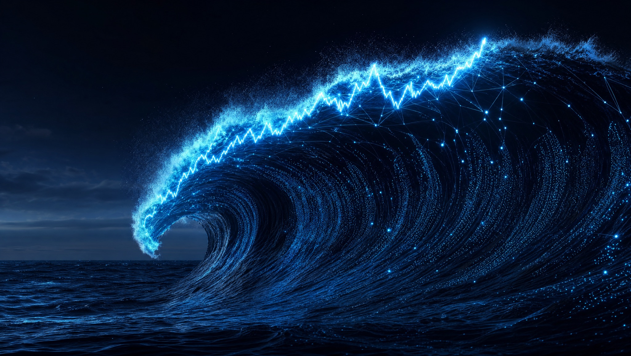 The ocean risen into a cresting wave whose crest forms a glowing rising data chart